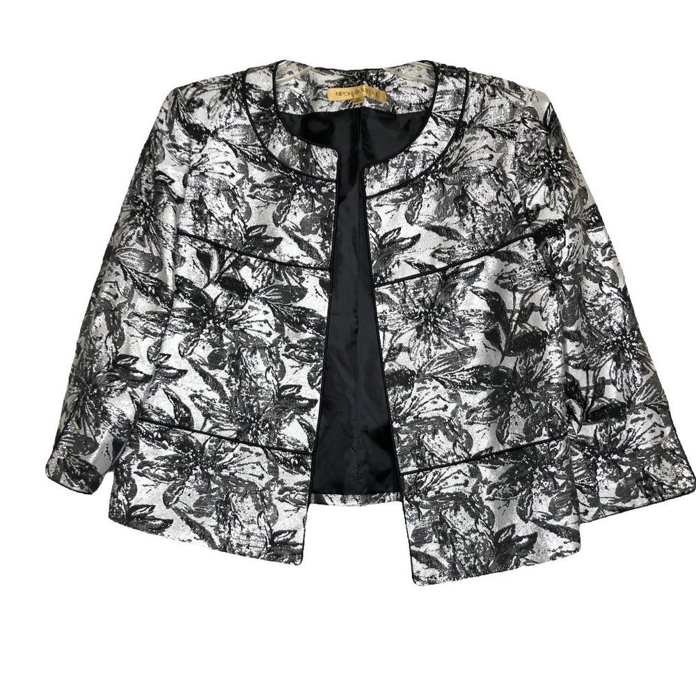 𝅺new - NIPON BOUTIQUE Metallic Silver & Black Floral Blazer - Size 12